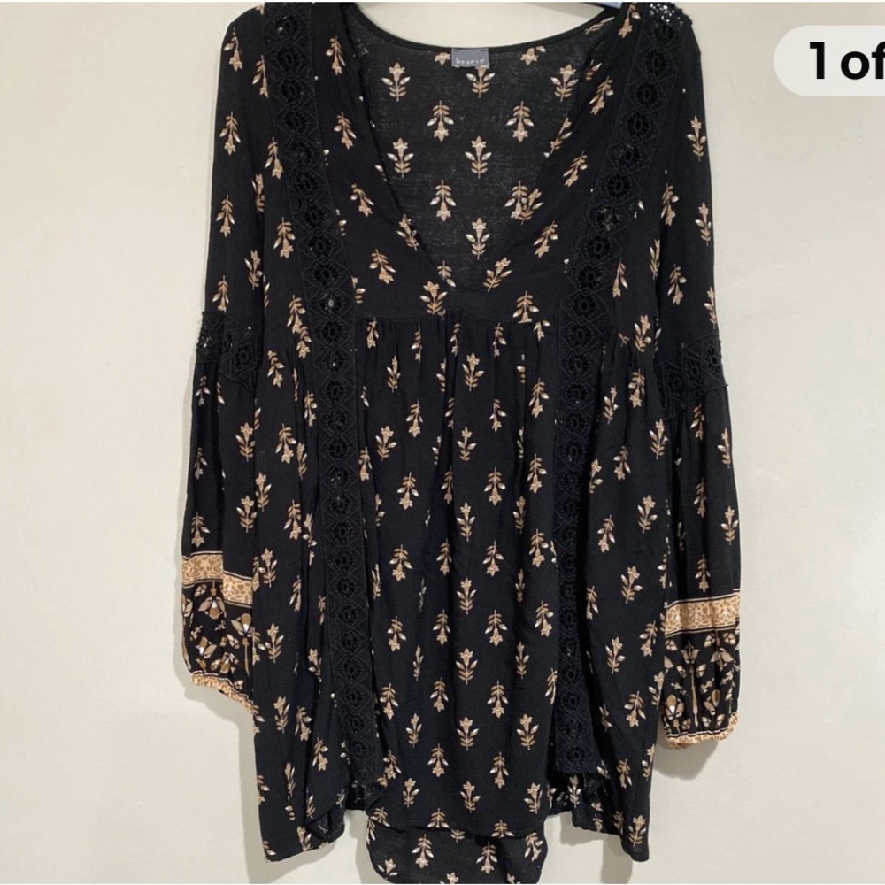 Black Floral Peasant Tunic with Crochet Trim